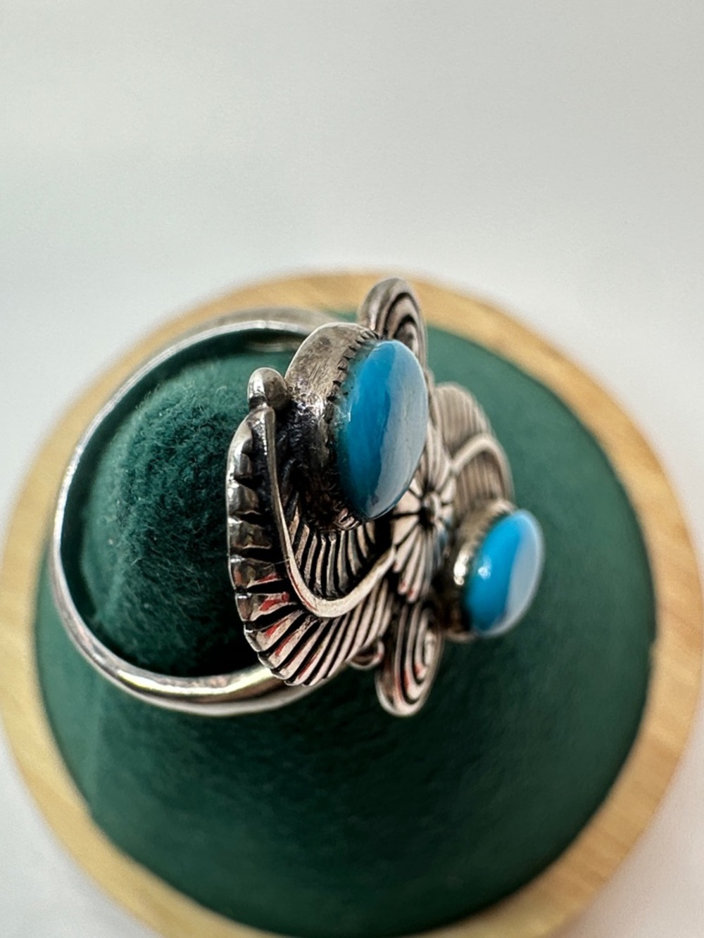 Turquoise Double-Stone Sterling Silver Feather Flower Ring - Picture 10 of 15